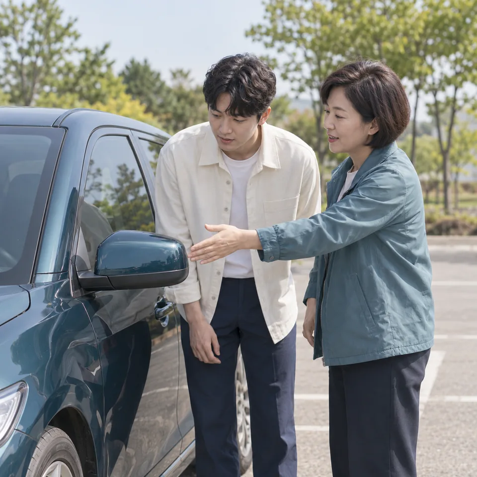 차량 밖에서 사이드미러 시야를 점검하는 남성 초보자와 여성 코치 · 초보운전연수 안내용 AI 예시