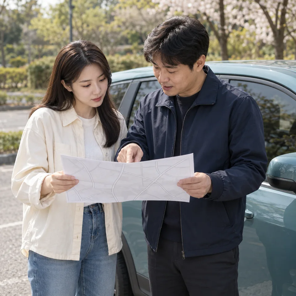 차량 옆에서 방문연수 경로 사전 상담 · 방문도로연수 안내용 AI 예시
